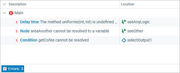 AnyLogic: The Errors view