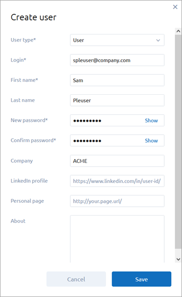 AnyLogic Cloud: The Create user dialog