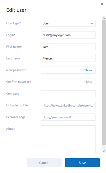 AnyLogic Cloud: The Edit user dialog