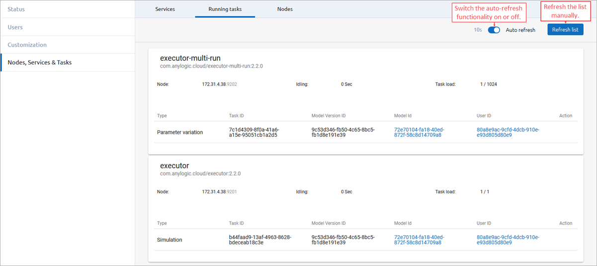 AnyLogic Cloud: The Running tasks section