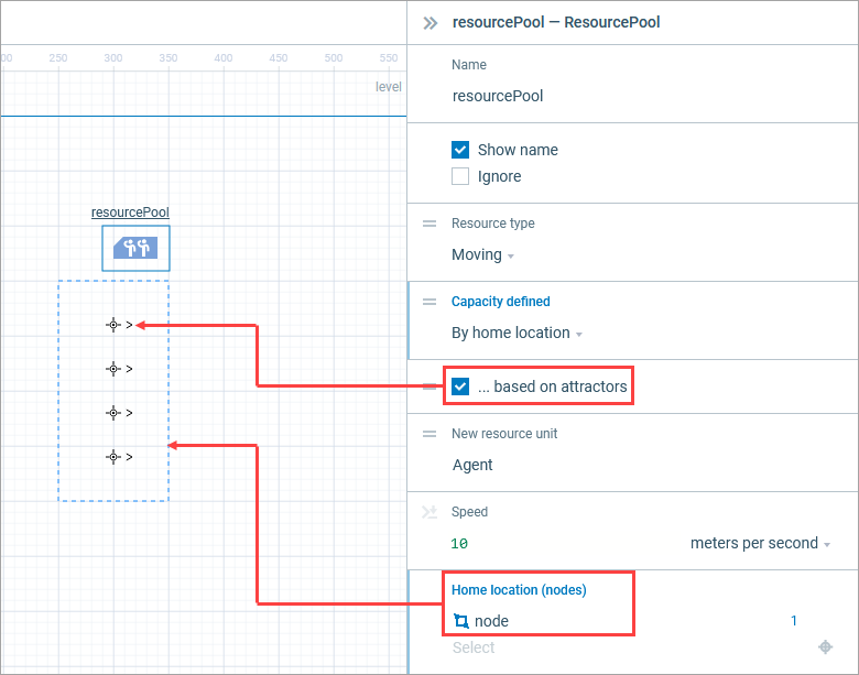 AnyLogic: The ResourcePool block with its capacity defined by the number of attractors