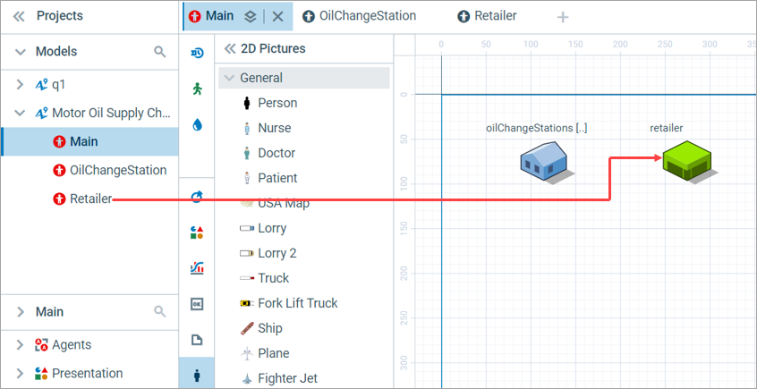 AnyLogic 9: The instance of the retailer on the Main agent diagram