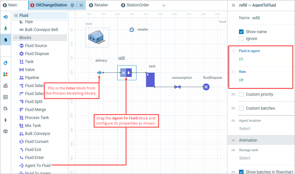 AnyLogic 9: Setting up the Agent to Fluid block