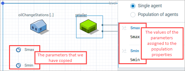 AnyLogic 9: The parameters on the Main agent diagram