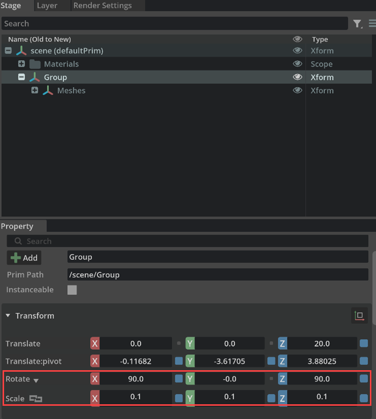 Omniverse: Setting the rotation and scale for the group