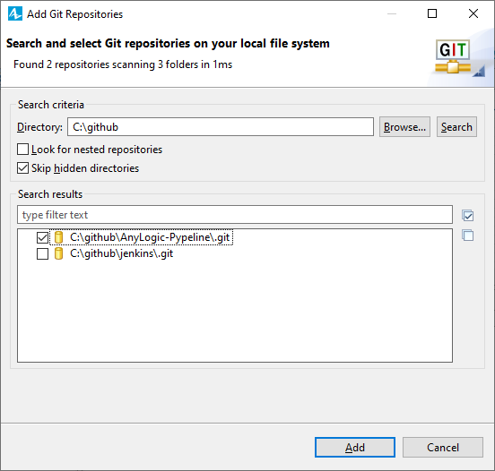 AnyLogic: The Add Git Repositories dialog