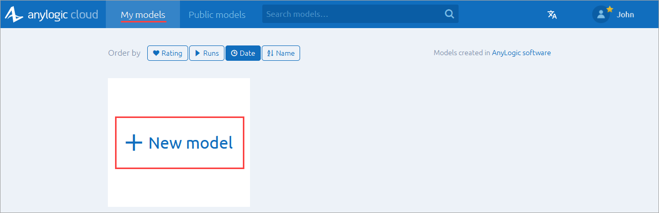 AnyLogic Cloud: The Create model buttons