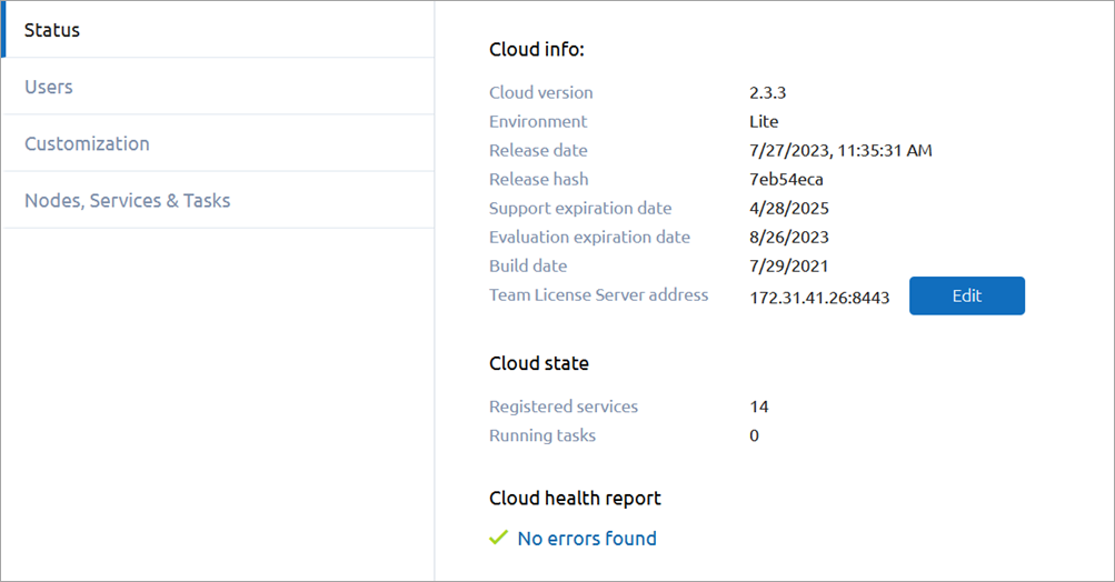AnyLogic Cloud: Status tab on the administrator panel
