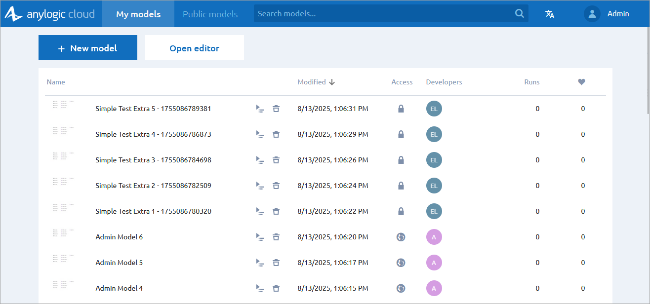 AnyLogic Cloud: The My Models screen