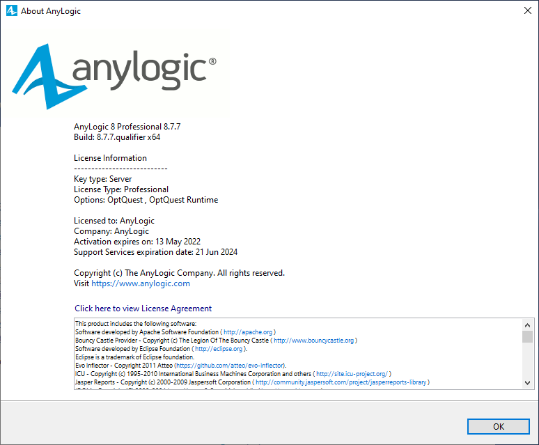 AnyLogic: Activation: The About AnyLogic wizard
