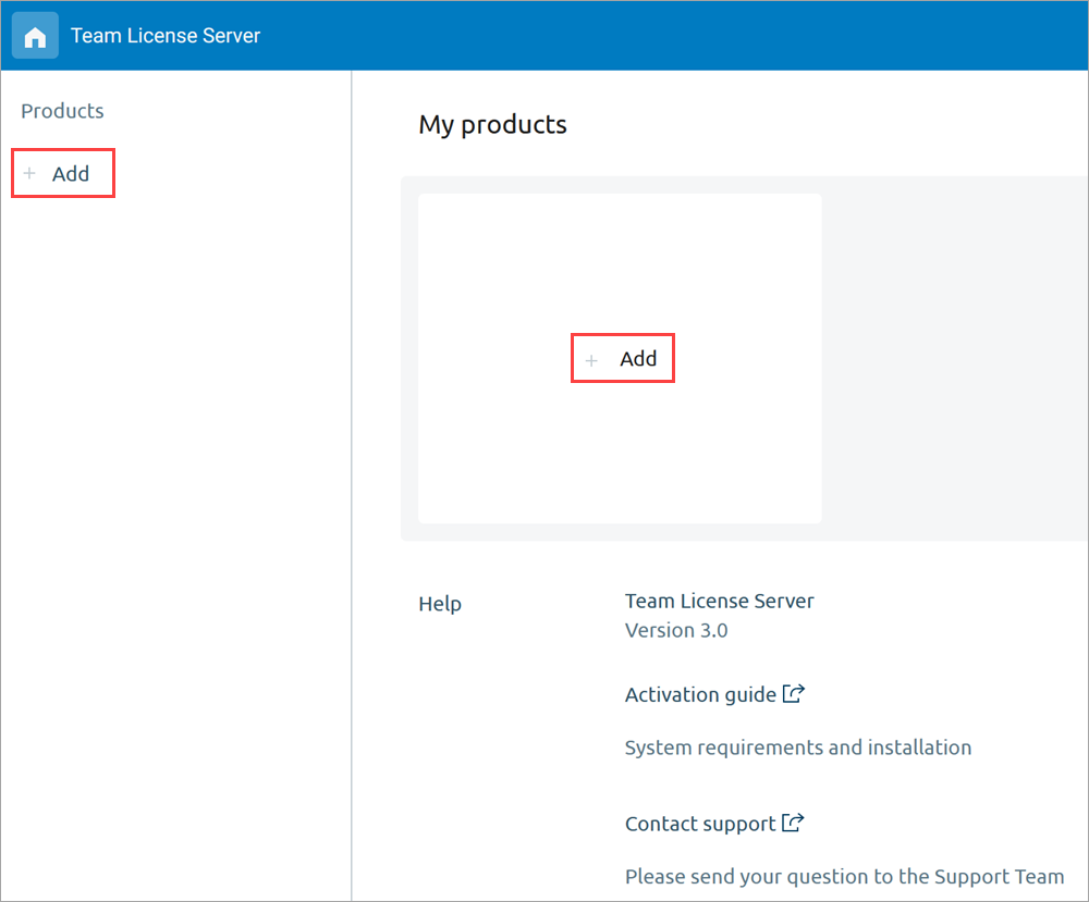 Team License Server: The Add buttons for products